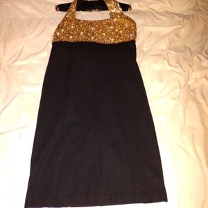 Evening Dress, Halter-style with Gold Sequins and Pearls, Plus size 18